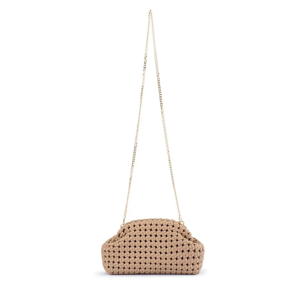 Olga Berg Everly Natural Handwoven Faux Leather Clutch with Gold Crossbody Chain - Picture 5 of 16
